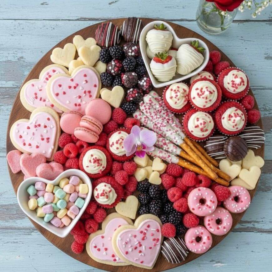 A round wooden board topped with heart-shaped cookies, pink donuts, macarons, cupcakes, chocolate-dipped strawberries, berries, colorful marshmallows, chocolate pretzels, and an orchid flower.
