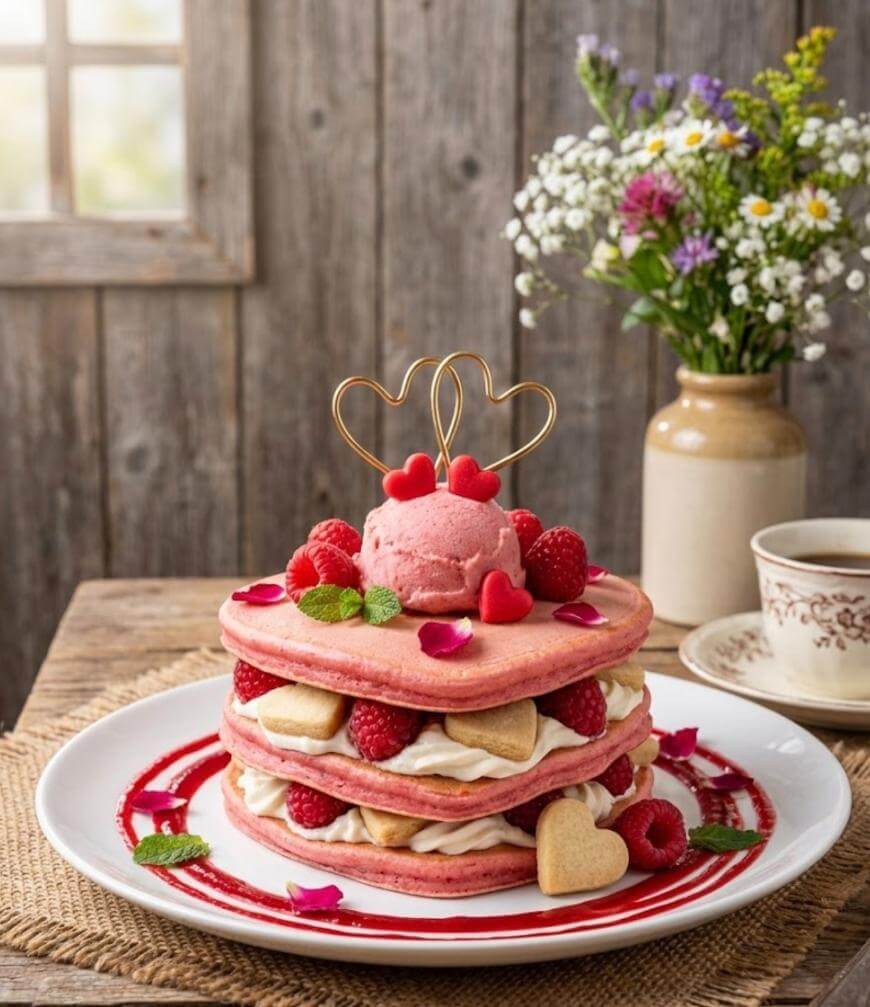 A stack of pink pancakes layered with cream, raspberries, and heart-shaped cookies, topped with pink ice cream, heart decorations, and mint leaves. Flowers and a cup of coffee sit in the background.