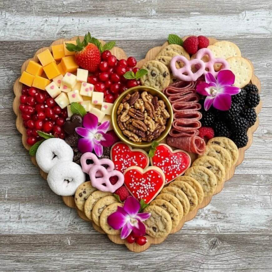 A heart-shaped charcuterie board topped with cheese cubes, berries, cookies, salami, crackers, pecans, donuts, heart-shaped cookies, yogurt pretzels, and decorated with purple orchids on a wooden surface.