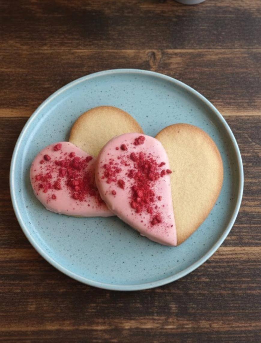 Two heart-shaped cookies on a blue plate, one plain and one half-covered in pink icing and sprinkled with red crumbs, placed on a wooden table.