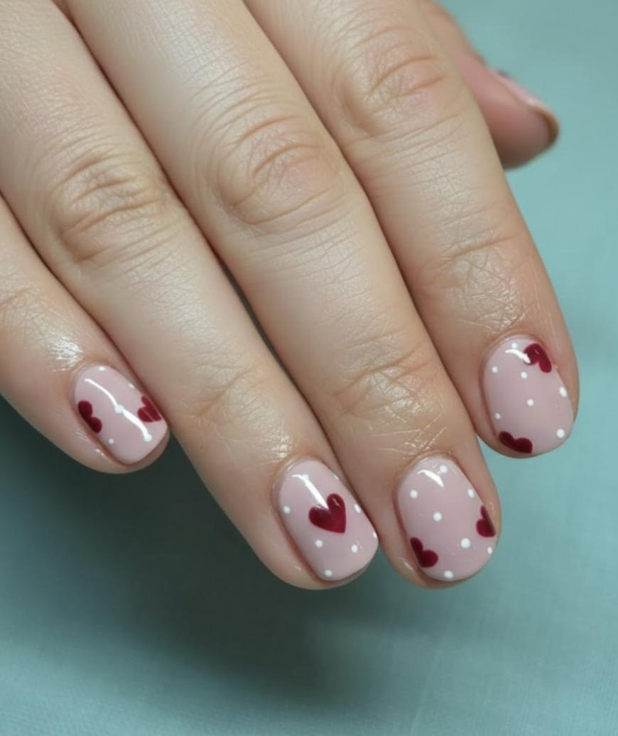 A hand with short, rounded nails painted light pink, decorated with small red hearts and white polka dots on each nail. The design appears neat and delicate.