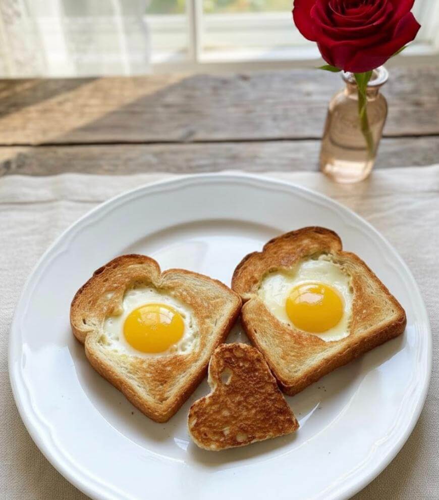 A plate with two slices of toast, each with an egg cooked in a heart-shaped cutout, and a heart-shaped piece of toast. A red rose in a small vase sits in the background.