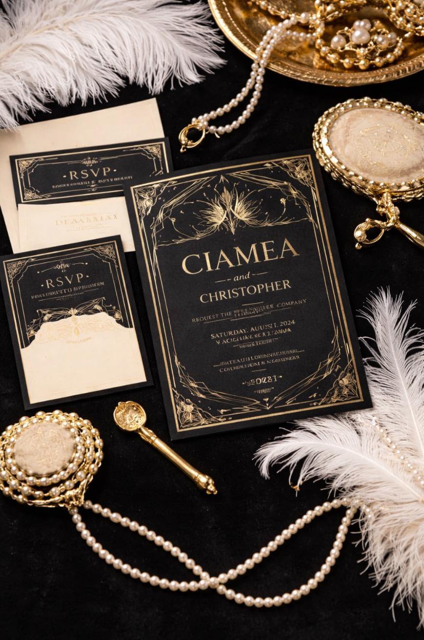 A vintage-themed wedding invitation suite with gold and black designs, gold jewelry, pearls, and white feathers arranged on a dark velvet background. The main card reads Ciamea and Christopher.