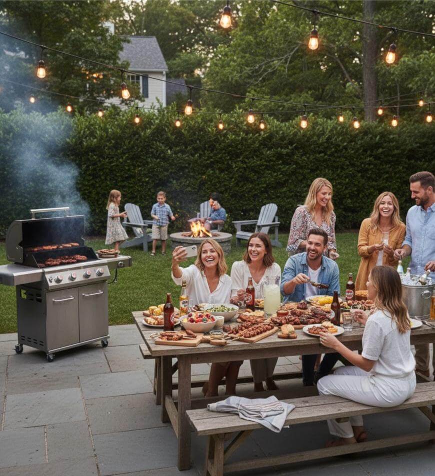 A group of adults sit and stand around a picnic table filled with food at a backyard barbecue. A grill is cooking nearby, and children play in the background near a fire pit. String lights hang overhead.