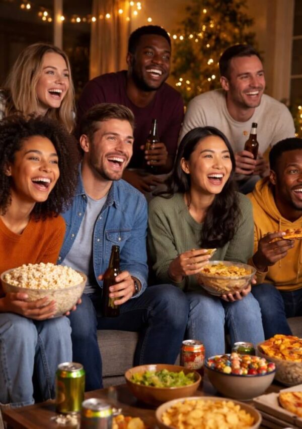 A group of friends sits on a couch, smiling and laughing while watching TV. They hold snacks like popcorn and chips, with drinks and party food on the table. Twinkle lights and a decorated tree are in the background.
