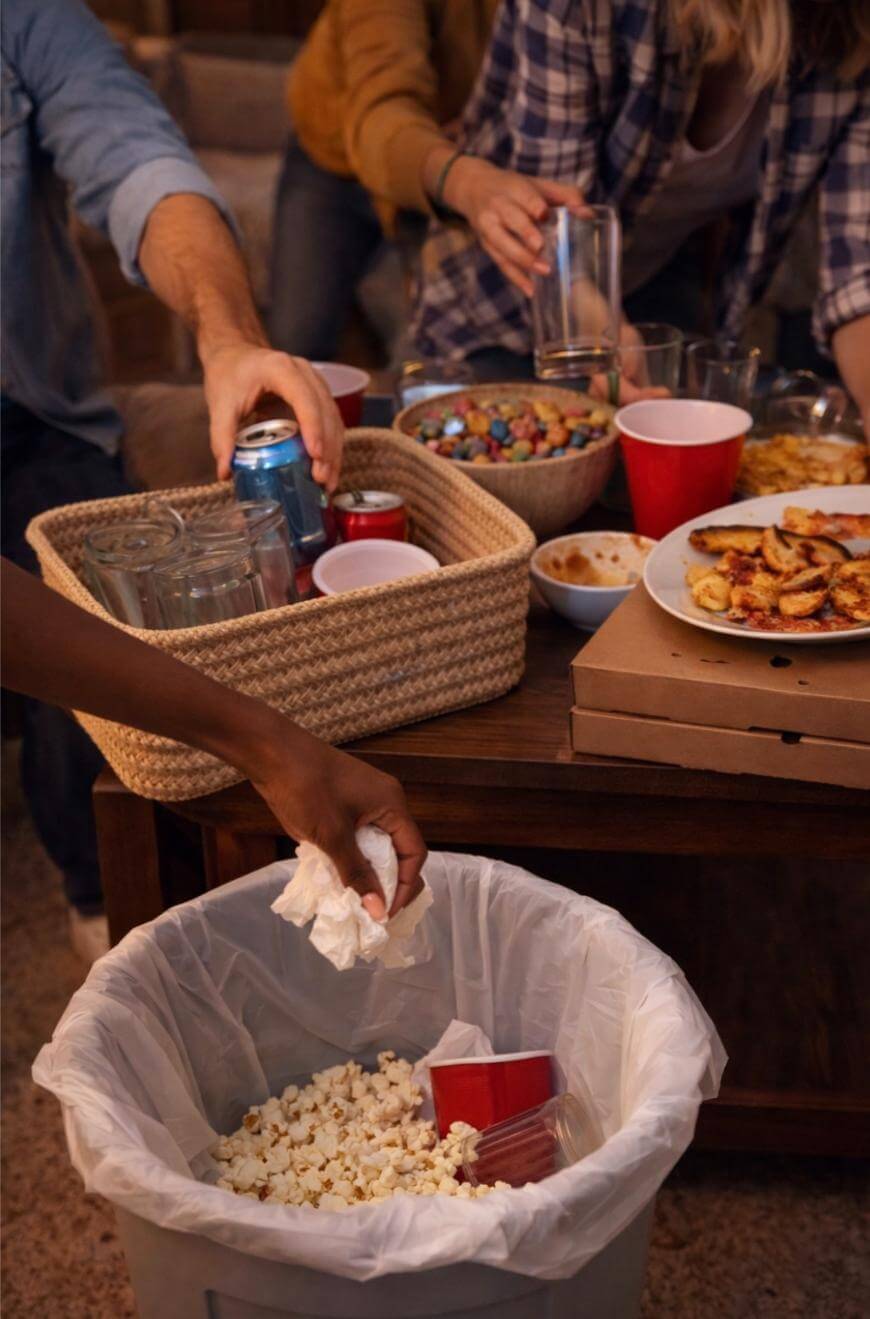A group of people at a table with pizza, snacks, and drinks; one hand throws a napkin into a trash can lined with a plastic bag partly filled with popcorn and cups. Other hands reach for food and drinks.