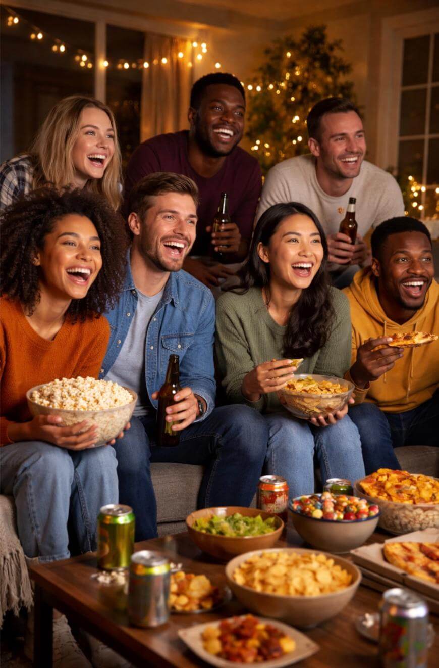 A group of six friends sit closely together on a couch, smiling and laughing while watching something off-camera. They hold snacks and drinks, with a table in front of them covered in pizza, chips, and soda.