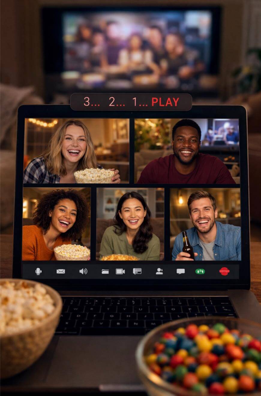 A laptop screen shows a video call with five people smiling, each holding snacks, as they prepare to watch a movie together virtually. Popcorn and candy bowls are in front of the laptop on a table.