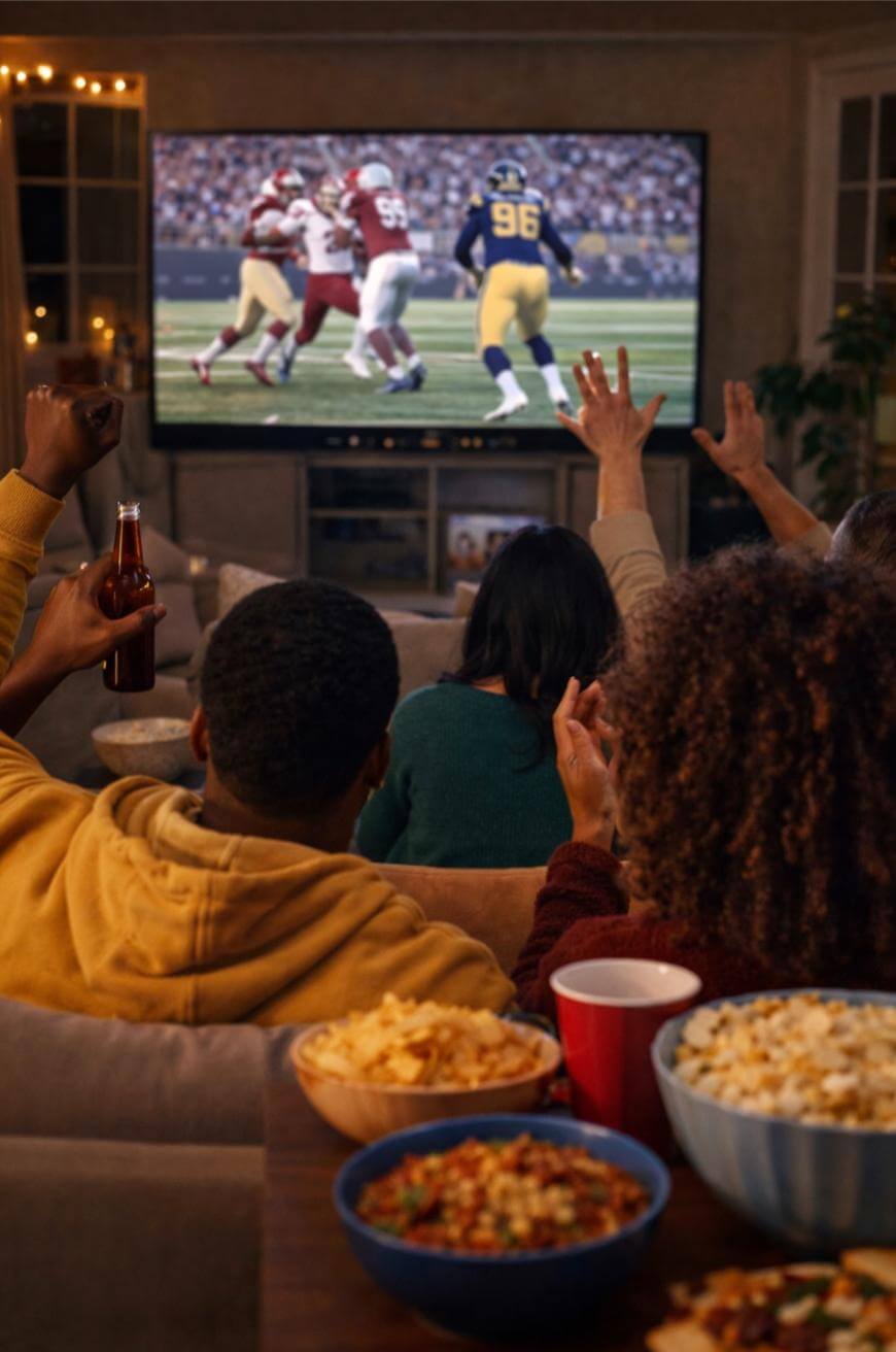 A group of people sit on a couch watching a football game on TV, cheering with raised hands. Snacks like popcorn, chips, and dip are on the table in front of them. The scene is cozy and lively.