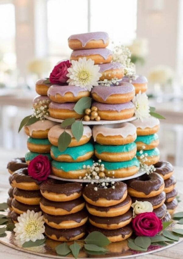 A tiered stand displays stacked donuts with colorful icing, decorated with fresh flowers, greenery, and babys breath, arranged as a centerpiece on a table.
