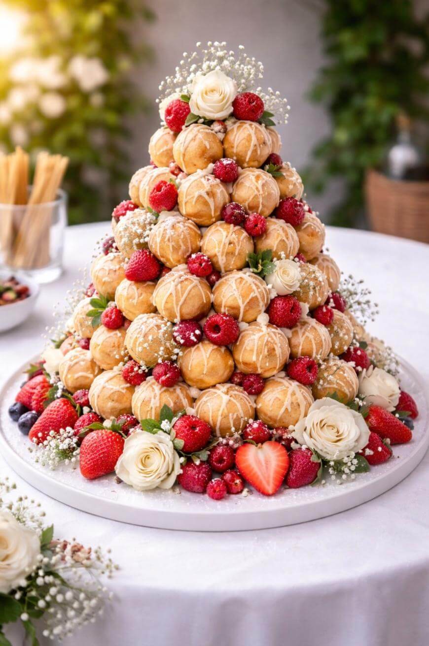 A tower of cream puffs drizzled with white icing, arranged in a pyramid shape, decorated with strawberries, raspberries, berries, white flowers, and greenery, displayed on a round white platter on a table.