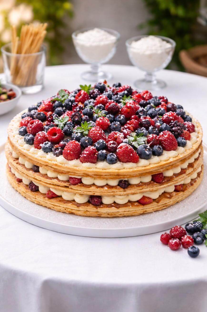 A layered cake with cream and assorted fresh berries, including raspberries, blueberries, and strawberries, topped with powdered sugar, displayed on a white tablecloth with bowls of ingredients in the background.