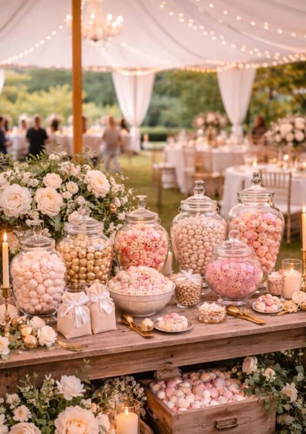 A decorative candy table at an outdoor wedding, with glass jars filled with colorful sweets, candles, white flowers, wrapped gifts, and elegant table settings under a white tent with string lights.