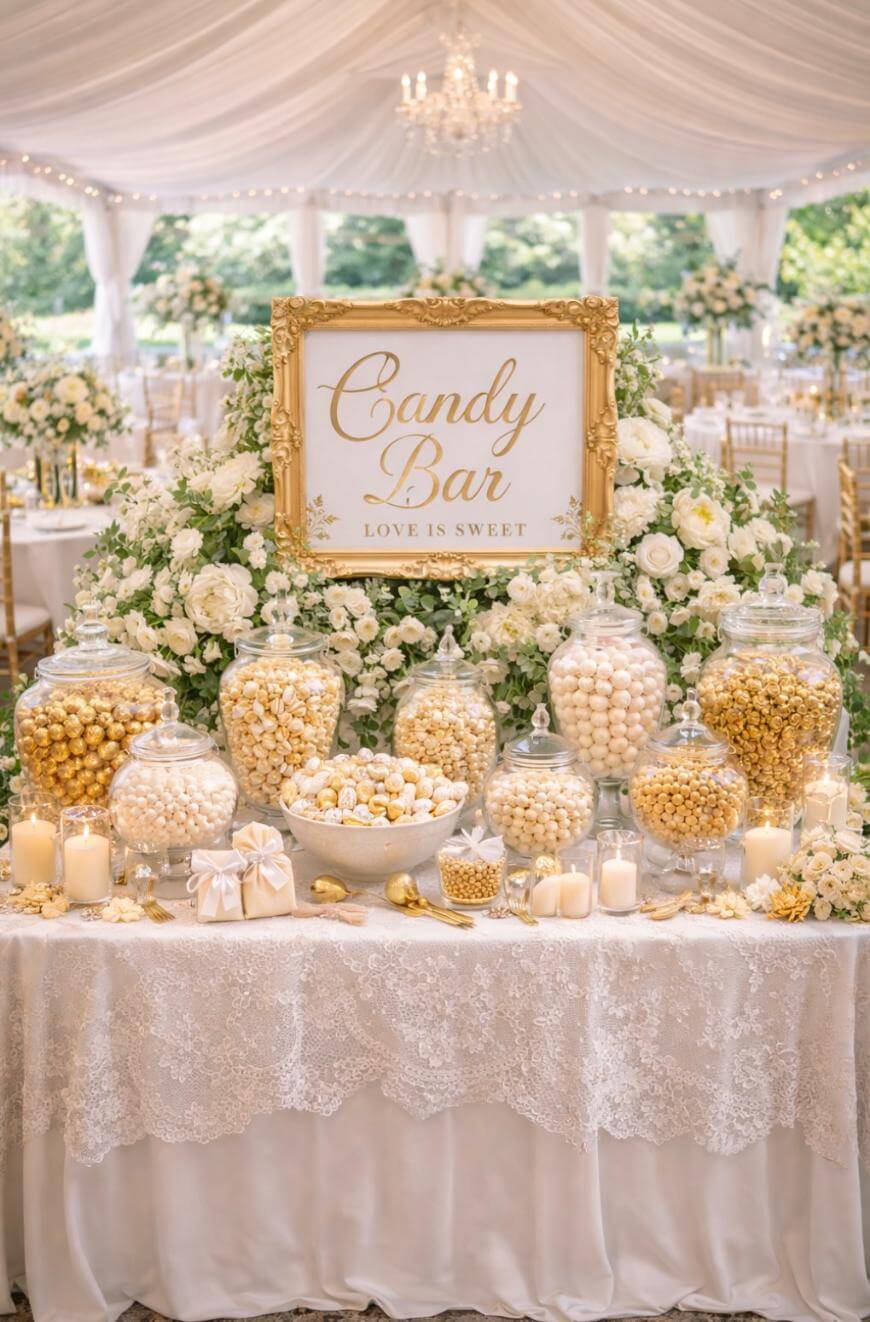 A table with candy and flowers.