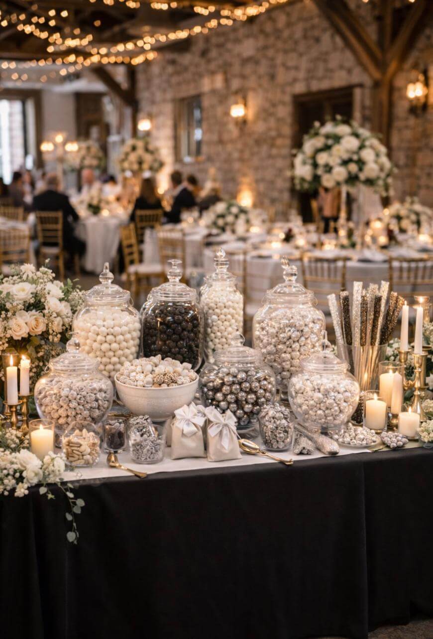 A decorated wedding reception table with various glass jars and bowls filled with white, silver, and black candies, surrounded by candles, flowers, and wrapped gifts, with elegantly set tables and fairy lights in the background.