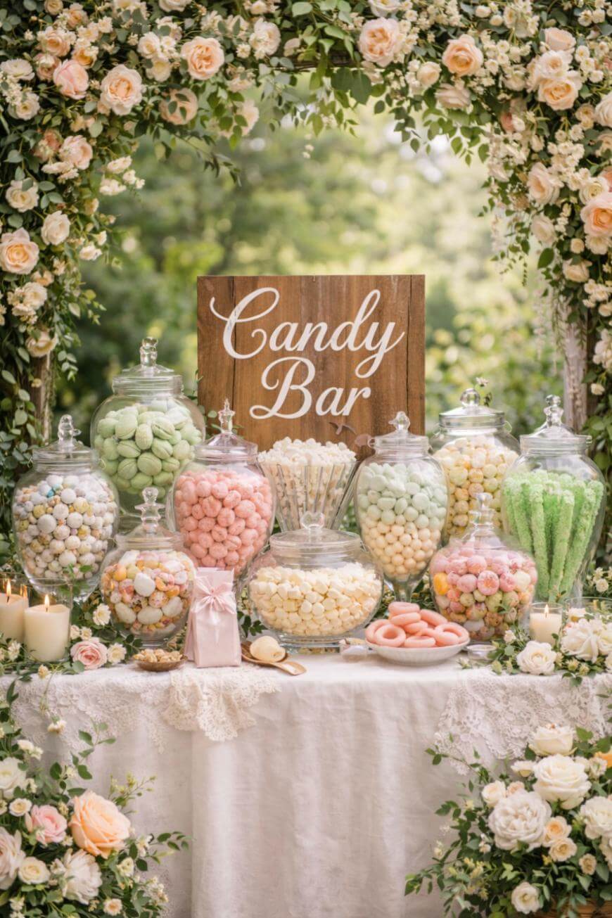 A beautifully decorated candy bar table with glass jars filled with colorful candies, surrounded by white and blush flowers and greenery. A wooden sign reading “Candy Bar” is displayed in the background.