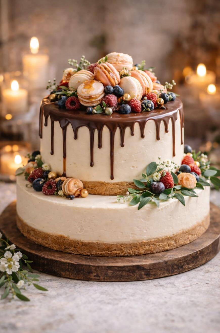 A two-tiered cake with chocolate drip, topped with macarons, berries, and flowers. The cake sits on a wooden board, surrounded by greenery and lit candles in the background.