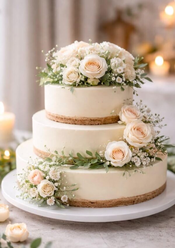 A three-tiered naked cake decorated with white and pale pink roses, babys breath, and greenery, displayed on a white cake stand with candles softly glowing in the blurred background.