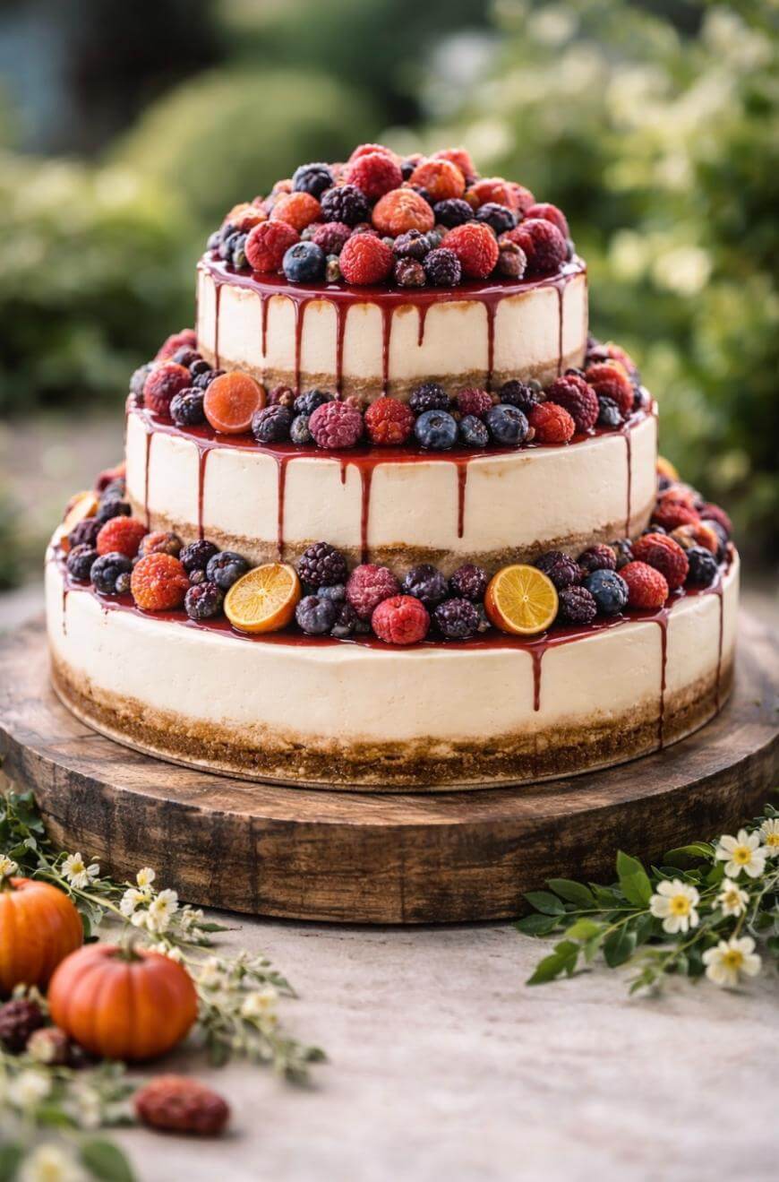 A three-tiered cheesecake topped with assorted fresh berries and halved kumquats, with berry sauce dripping down the sides, displayed on a wooden stand outdoors with greenery and flowers in the background.