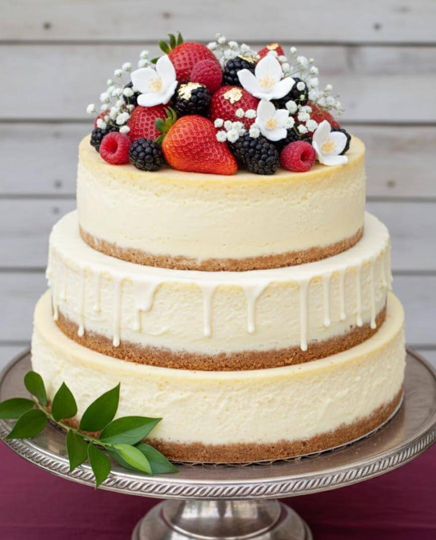 A two-tier cheesecake decorated with white chocolate drip, topped with fresh strawberries, raspberries, blackberries, blueberries, white flowers, and greenery, displayed on a silver cake stand against a wooden background.