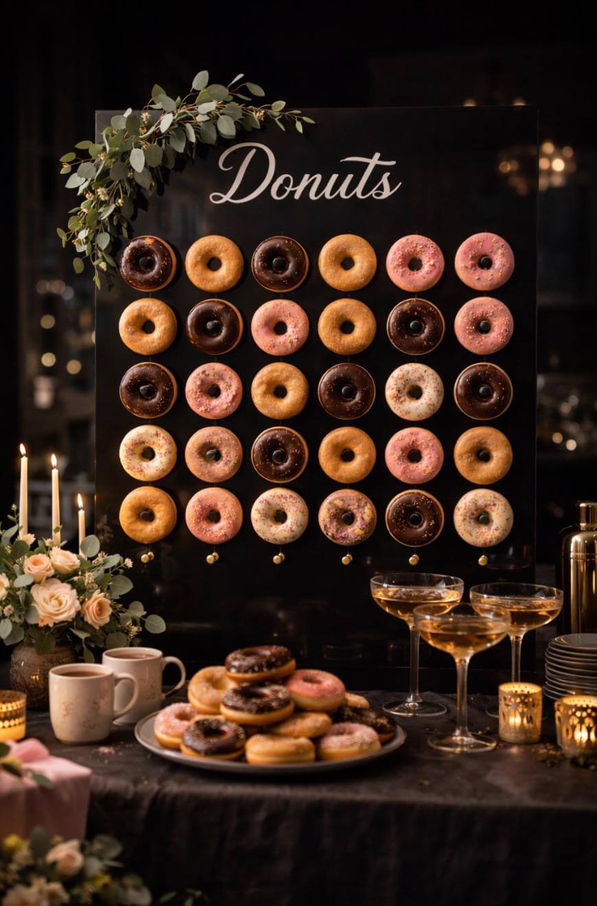 A donut wall display holds rows of assorted donuts (chocolate, pink, and plain) under the sign “Donuts.” Below are more donuts on a plate, candles, champagne glasses, mugs, and flowers, creating an elegant dessert table.
