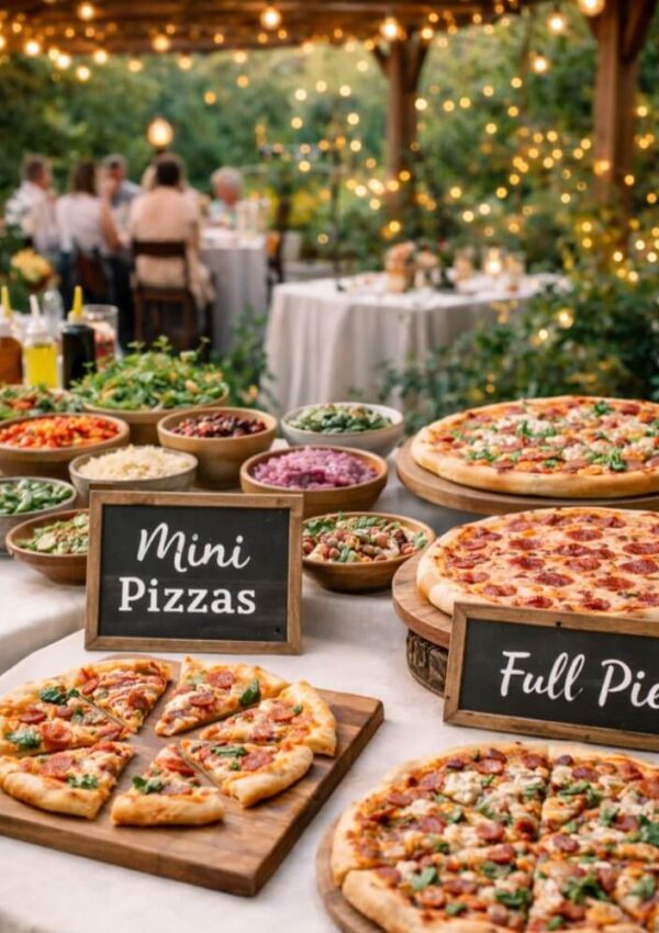 A buffet table displays whole pizzas labeled Full Pies, mini pizzas, and various toppings in bowls. The setting is outdoors with string lights, greenery, and blurred guests dining in the background.