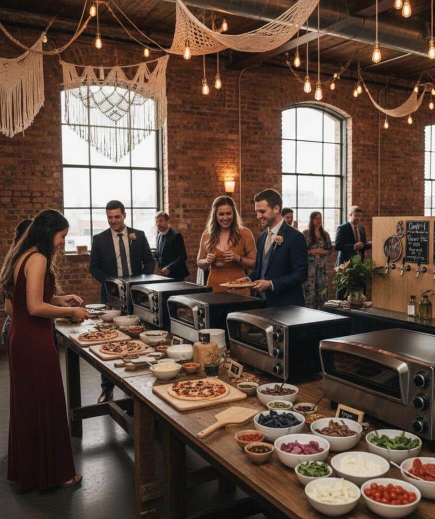People dressed formally serve themselves pizza at a rustic indoor buffet with brick walls, large windows, ovens, pizza, and various toppings on a wooden table, under hanging lights and macrame decorations.