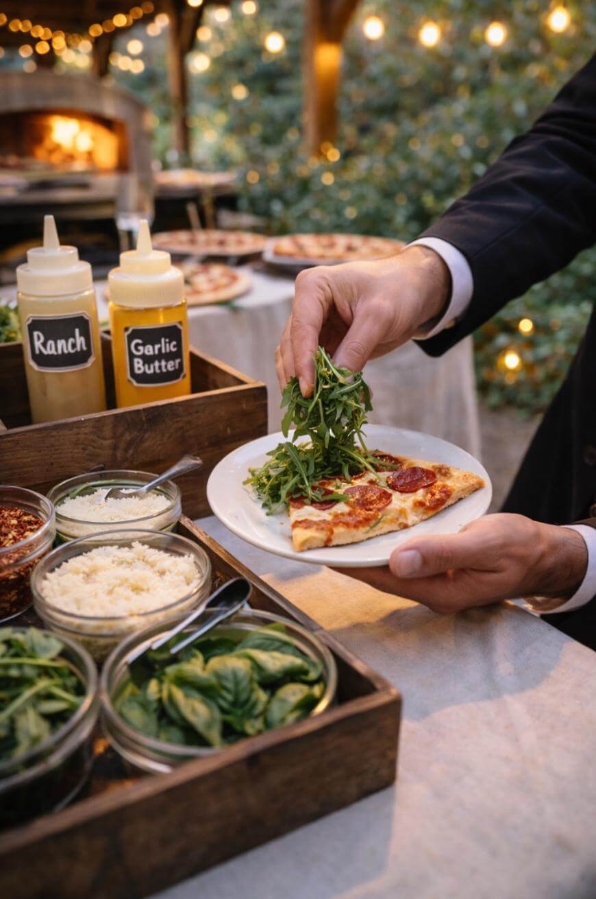 A person adds fresh arugula to a slice of pizza on a plate at an outdoor event, with jars of toppings like parmesan and basil, and bottles of ranch and garlic butter visible on the table.