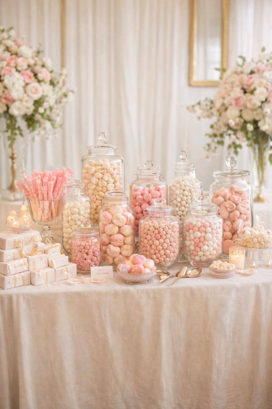 A table covered with a white cloth displays glass jars filled with pastel pink and white candies, surrounded by small wrapped boxes and pink flowers in the background.