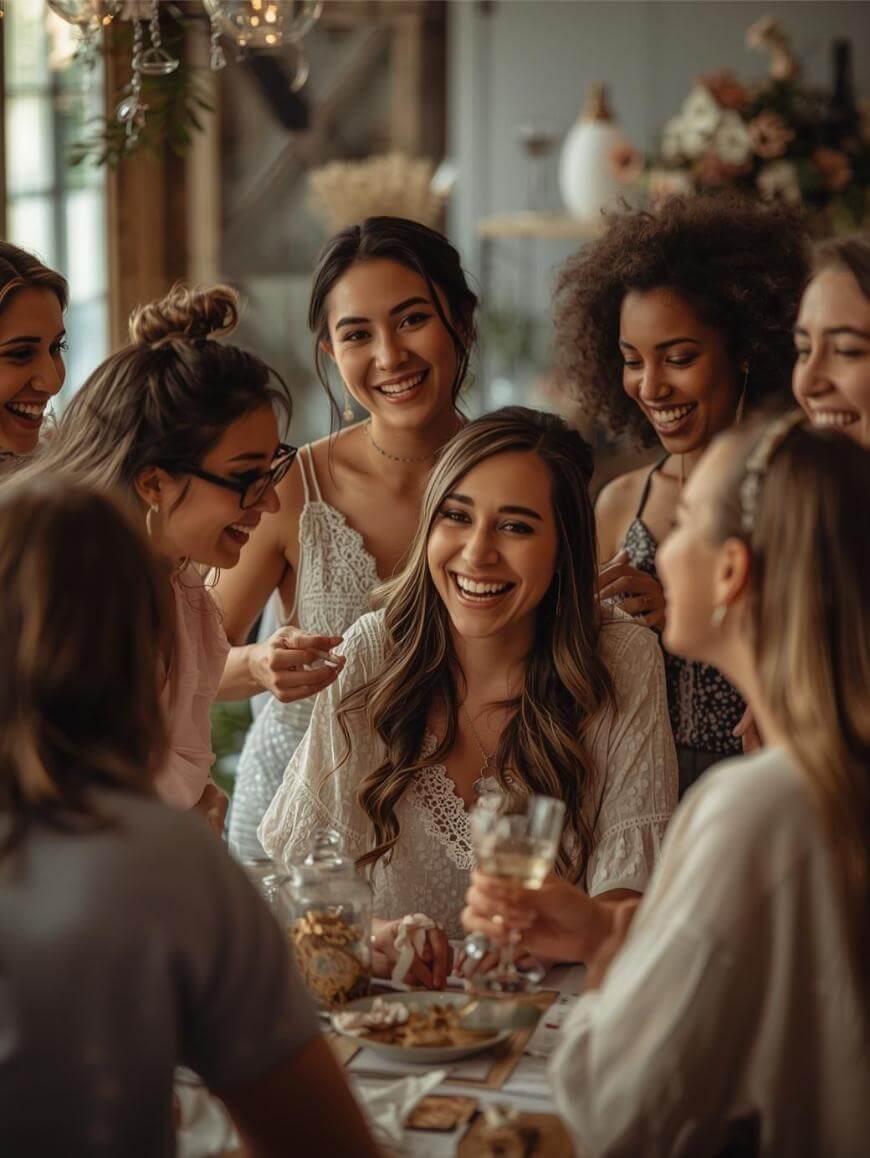 A group of young women laugh and smile together around a table with food and drinks, enjoying each others company in a warmly lit, cozy indoor setting.