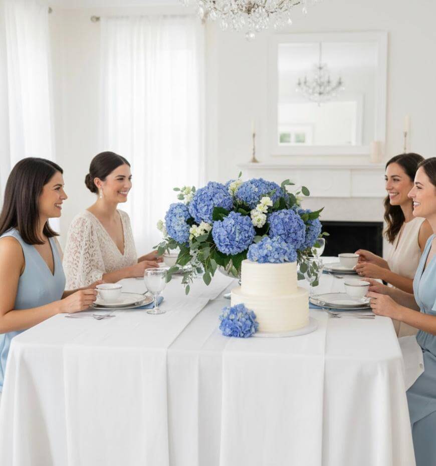 Four women sit around a white table with tea cups, smiling and talking. The table features a white cake and a large bouquet of blue hydrangeas. The room is bright and elegant, decorated in white tones.