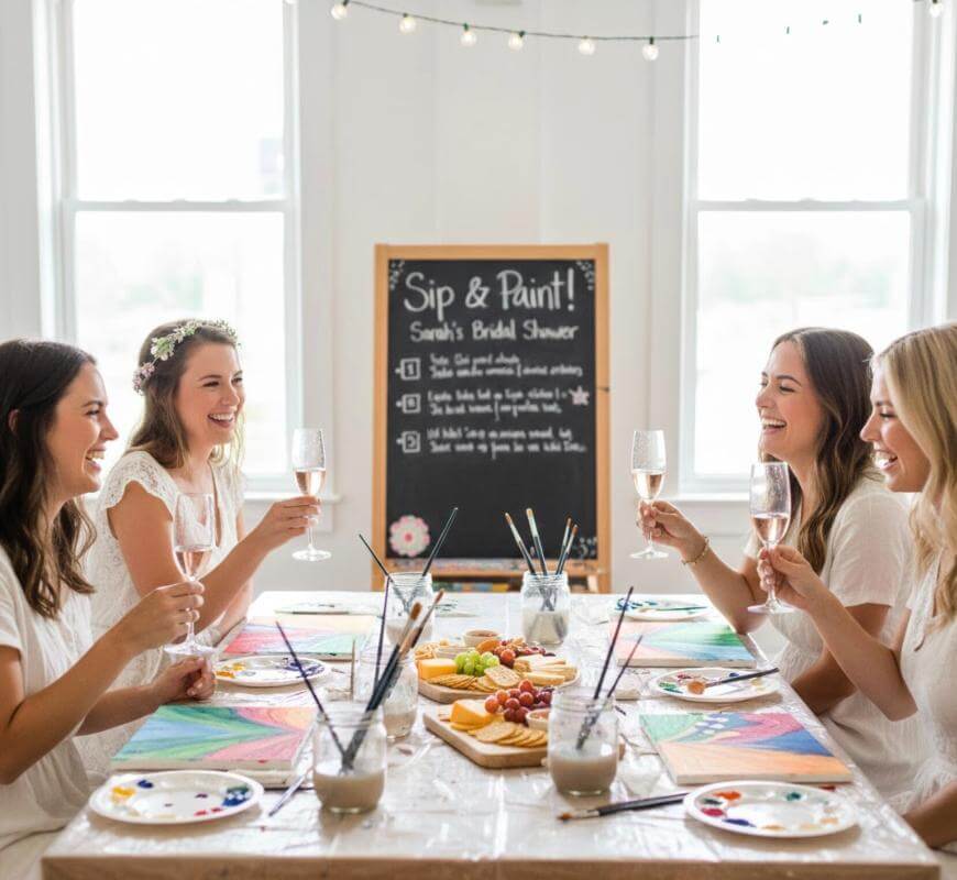 Four women in white dresses sit around a colorful table, smiling and toasting with wine glasses. Paint supplies and snacks are on the table. A chalkboard behind them reads Sip & Paint! Sarahs Bridal Shower.