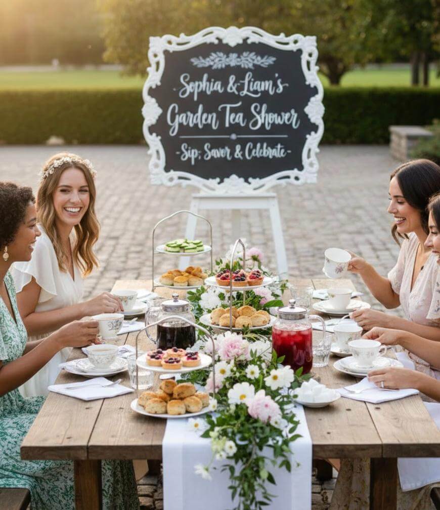 Four women sit at a picnic table outdoors, enjoying tea and pastries at a garden tea shower. A chalkboard sign behind them reads, “Sophia & Liam’s Garden Tea Shower. Sip, Savor & Celebrate.” Flowers decorate the table.