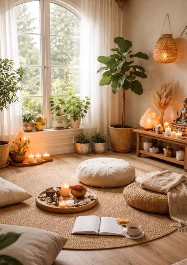 A cozy, sunlit room with large windows, houseplants, candles, cushions, a woven rug, an open book, tea, and a small altar with a Buddha statue, creating a peaceful and inviting meditation space.