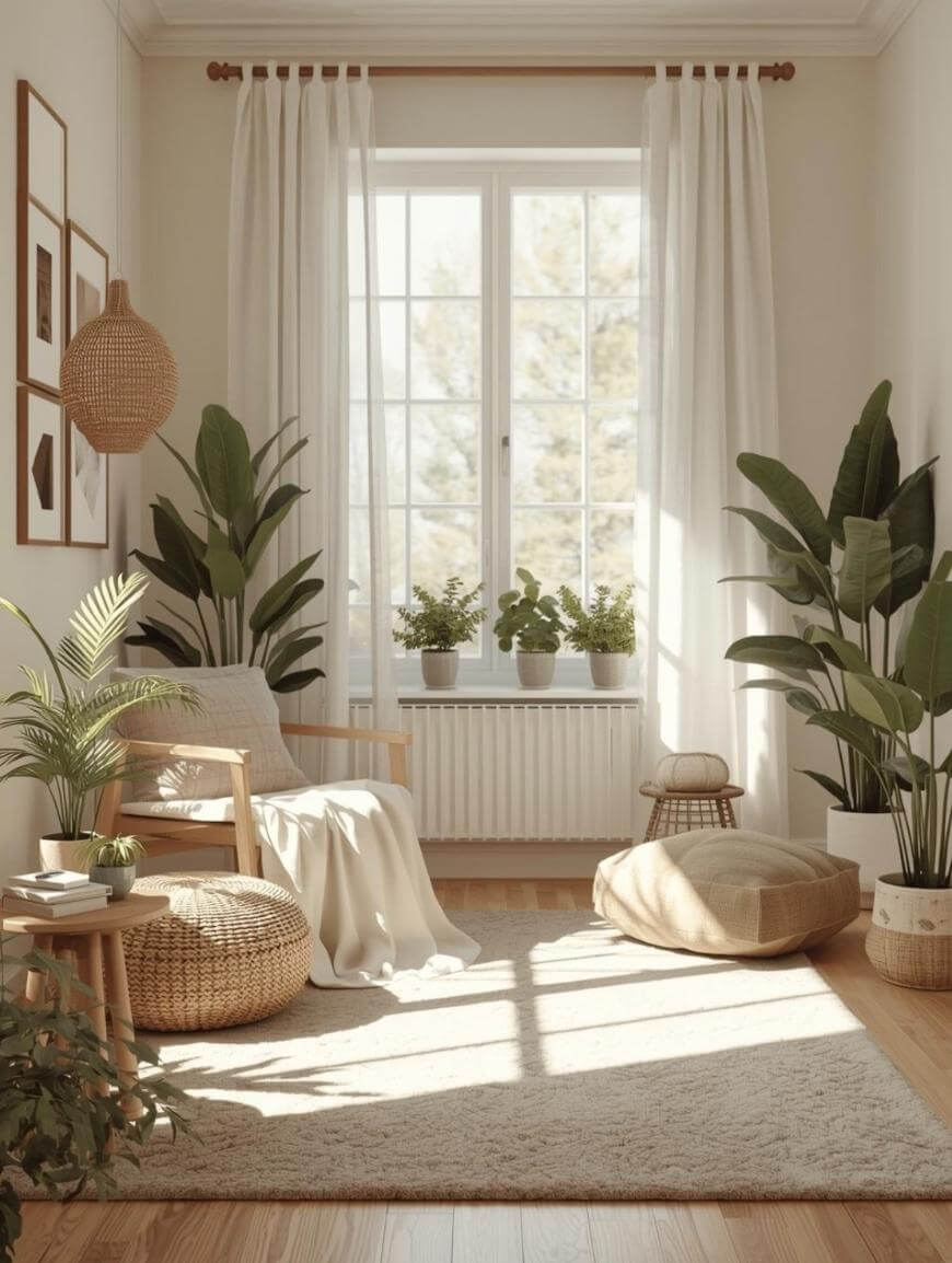 A cozy, sunlit reading nook with a wooden chair, neutral cushions, soft throw blanket, and potted plants. Large window with sheer curtains lets in natural light, creating a warm, inviting atmosphere.