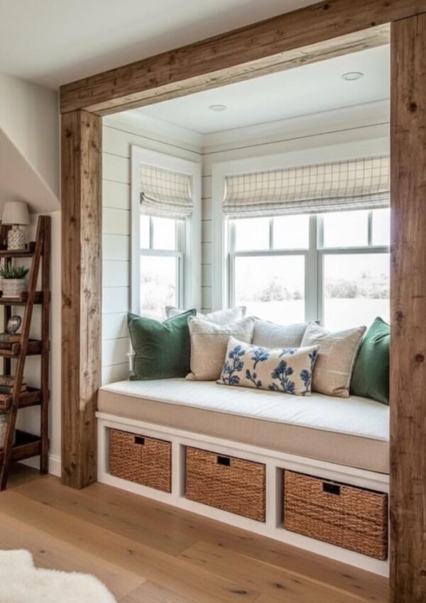 A cozy window nook with a cushioned bench, green and patterned pillows, woven storage baskets underneath, rustic wood framing, white shiplap walls, and a ladder shelf with decor beside it.