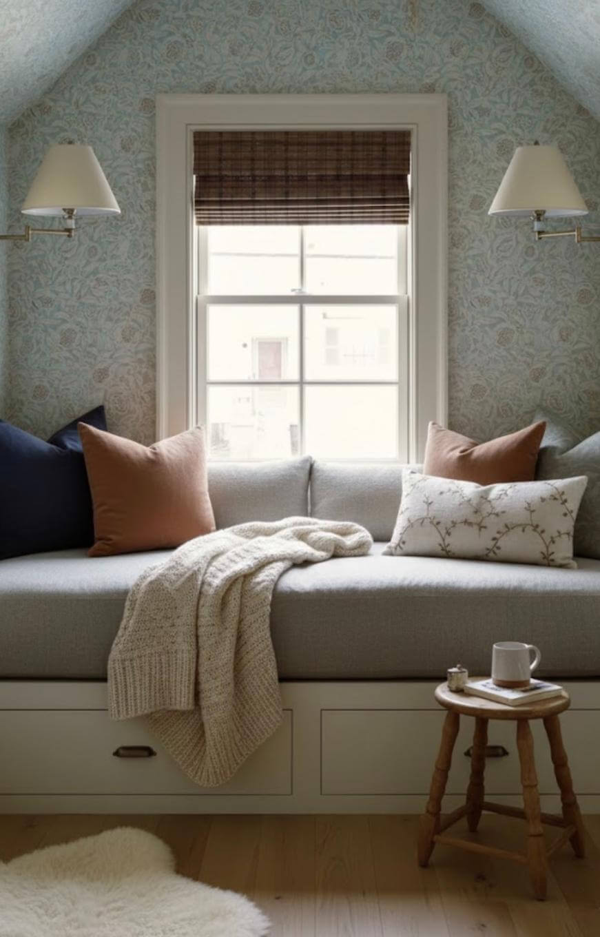 A cozy window nook with a light gray daybed, assorted pillows, a knit blanket, and drawers underneath. Two wall sconces flank the window; a small wooden stool with a cup and book sits nearby on a light wood floor.