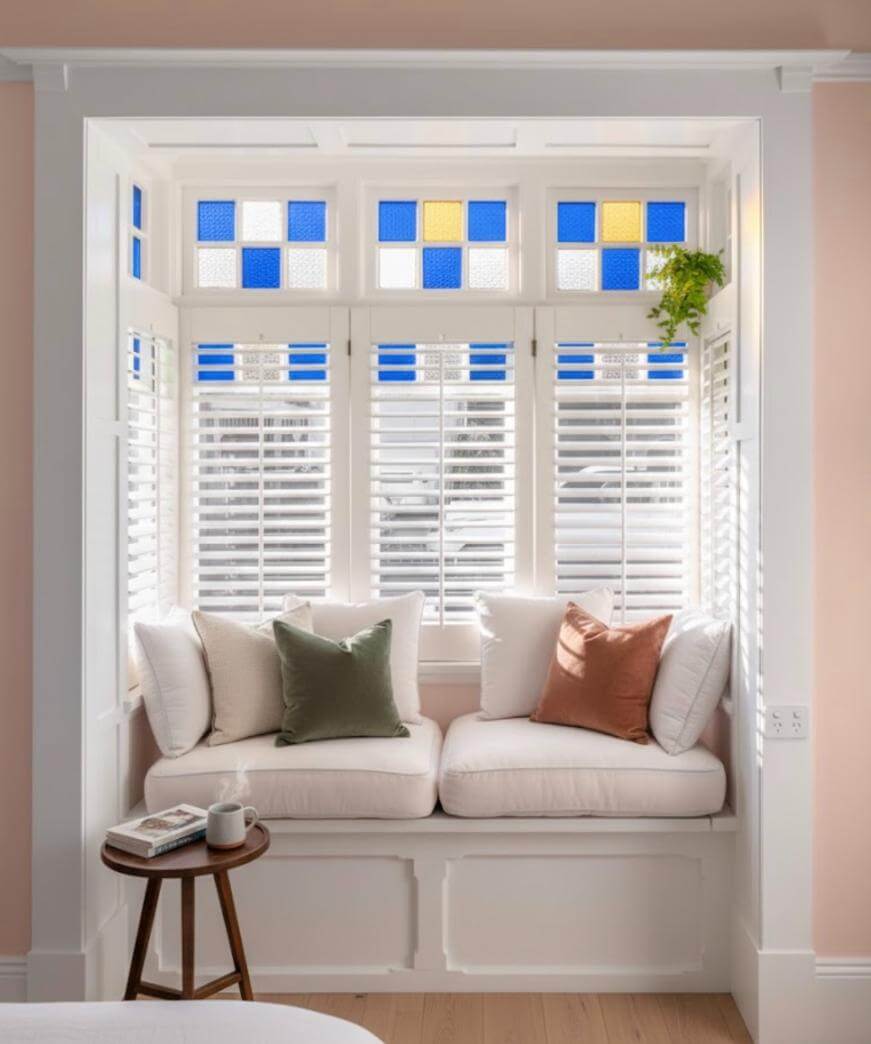 A cozy window seat with white cushions, a green and a rust-colored pillow, is set in front of shuttered windows with colorful blue, yellow, and white stained glass panes above. A small table with a book and mug sits beside it.