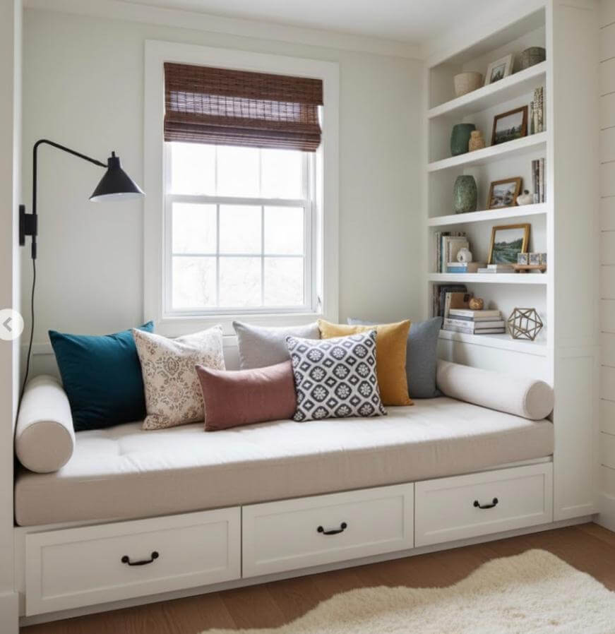A cozy window seat with a beige cushion, colorful throw pillows, and two bolster pillows, flanked by built-in shelves holding books and decor. Three drawers are below the seat, and a window with a brown shade is behind it.