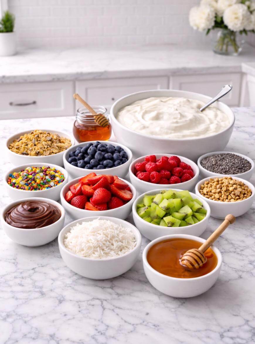 A variety of toppings, including fresh fruits, honey, granola, nuts, chocolate, and coconut, are arranged in bowls around a large bowl of yogurt on a marble countertop in a bright kitchen.