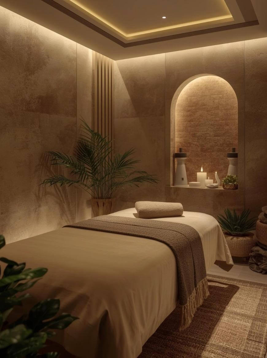 A cozy, softly lit spa room with a massage table covered in beige linens and a brown blanket. Candles and plants decorate the shelves and corners, creating a warm and relaxing atmosphere.