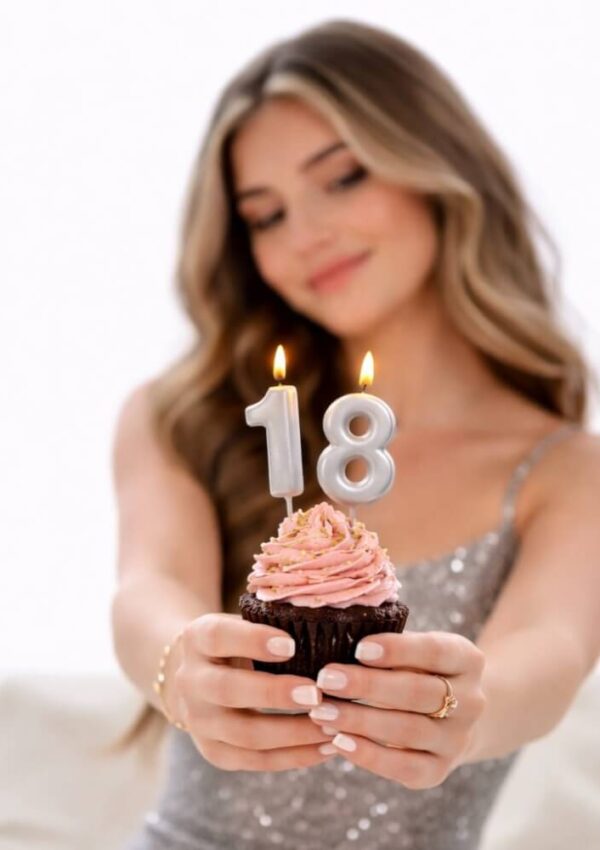 A woman holding a cupcake with a candle.