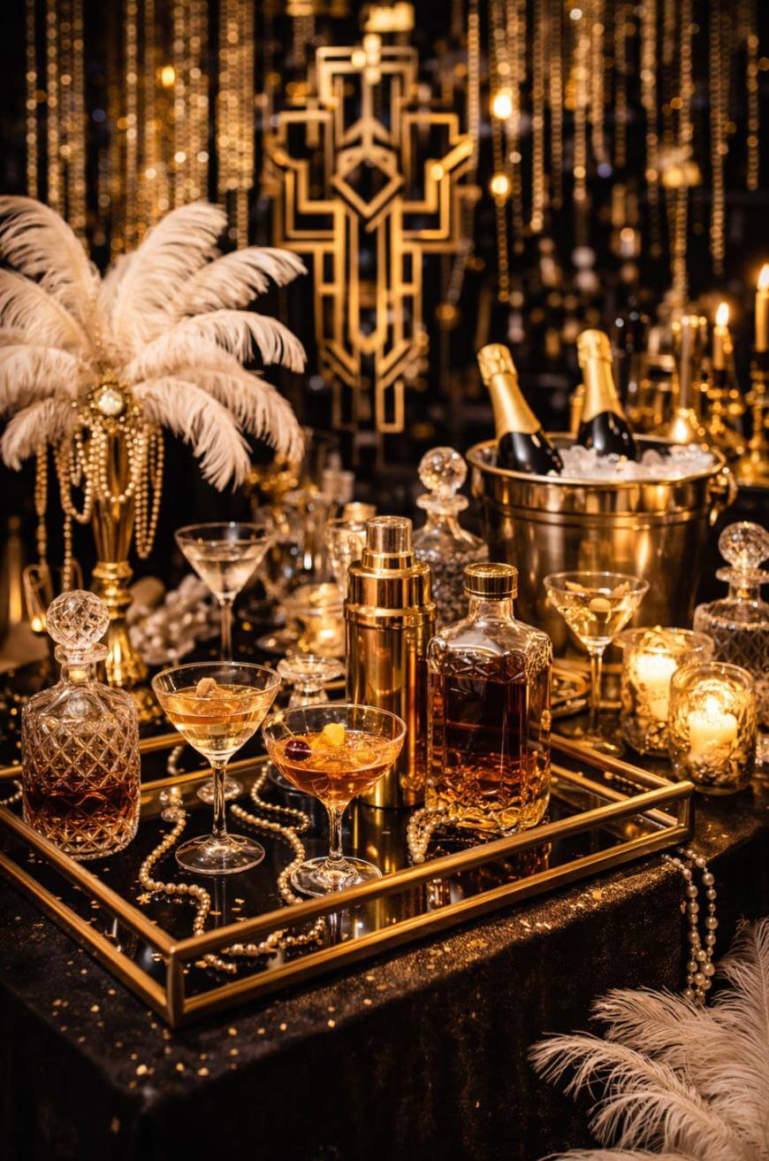 A glamorous party table with gold decor, feathers, pearls, crystal decanters, cocktails, champagne bottles in an ice bucket, candles, and sparkling lights, evoking a luxurious 1920s or Great Gatsby theme.