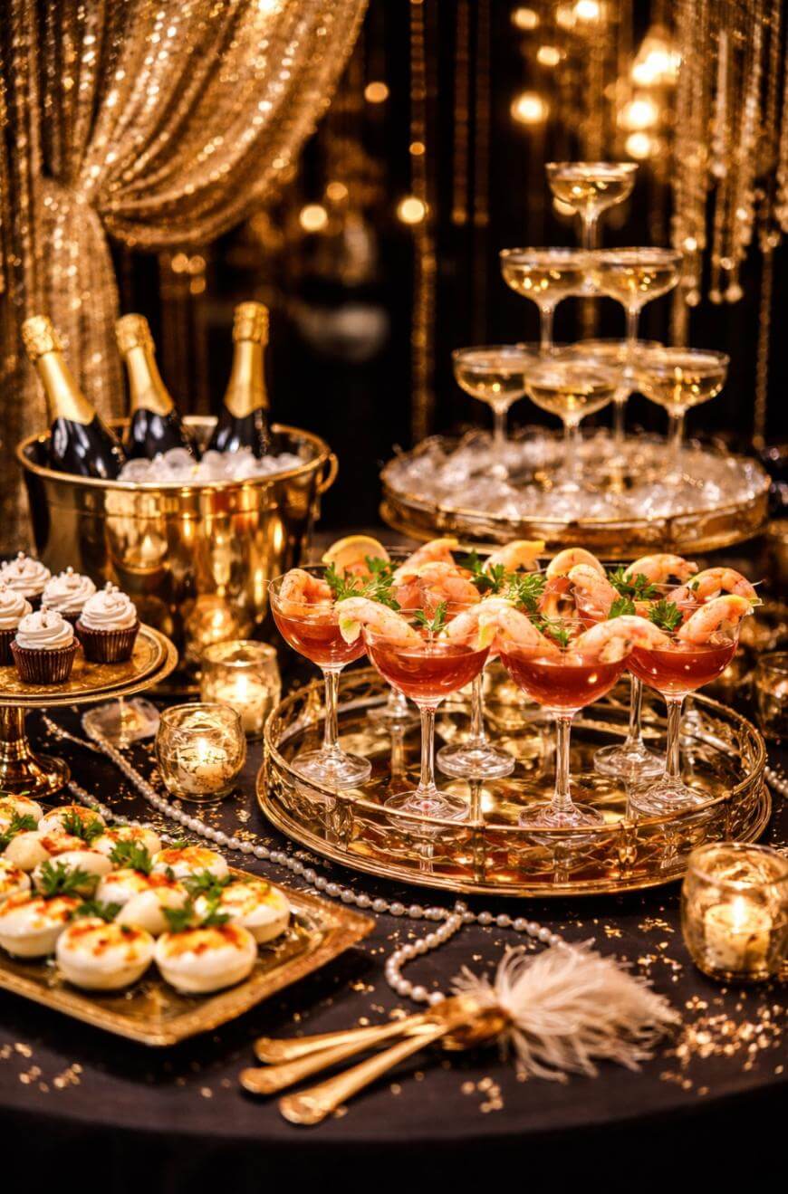 A glamorous party table with champagne bottles in an ice bucket, a champagne tower, shrimp cocktails in glasses, deviled eggs, mini cupcakes, and sparkling gold decorations and lights.