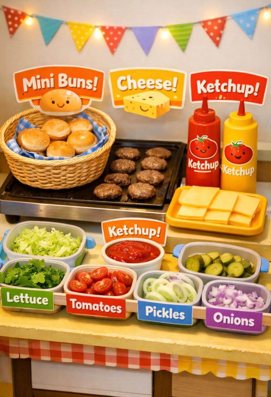 A colorful burger-making station with mini buns, cheese slices, ketchup bottles, hamburger patties, and containers of lettuce, tomatoes, pickles, onions, all labeled with playful signs. Festive banners hang above.