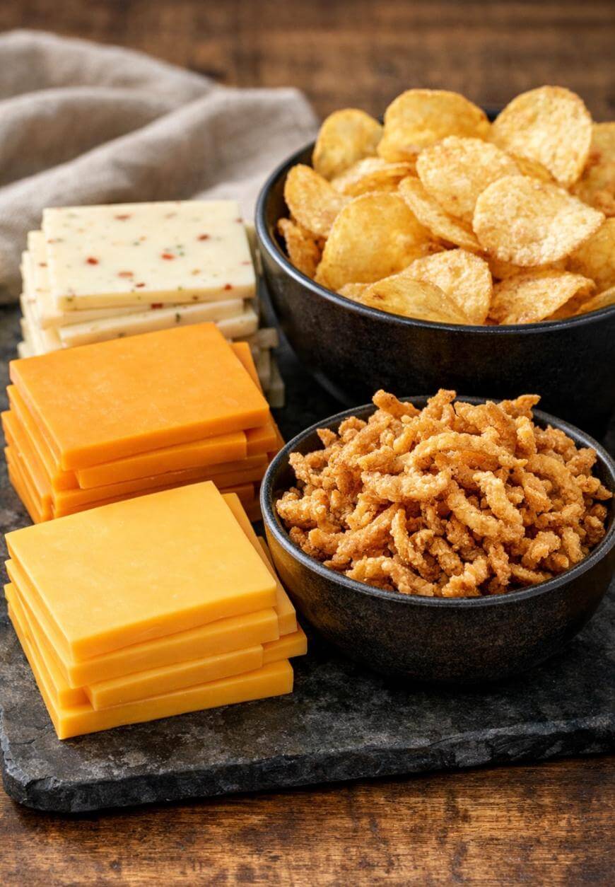 Two stacks of sliced cheese, a stack of pepper jack and a stack of cheddar, sit on a slate board next to bowls filled with potato chips and crispy fried onions on a wooden table.