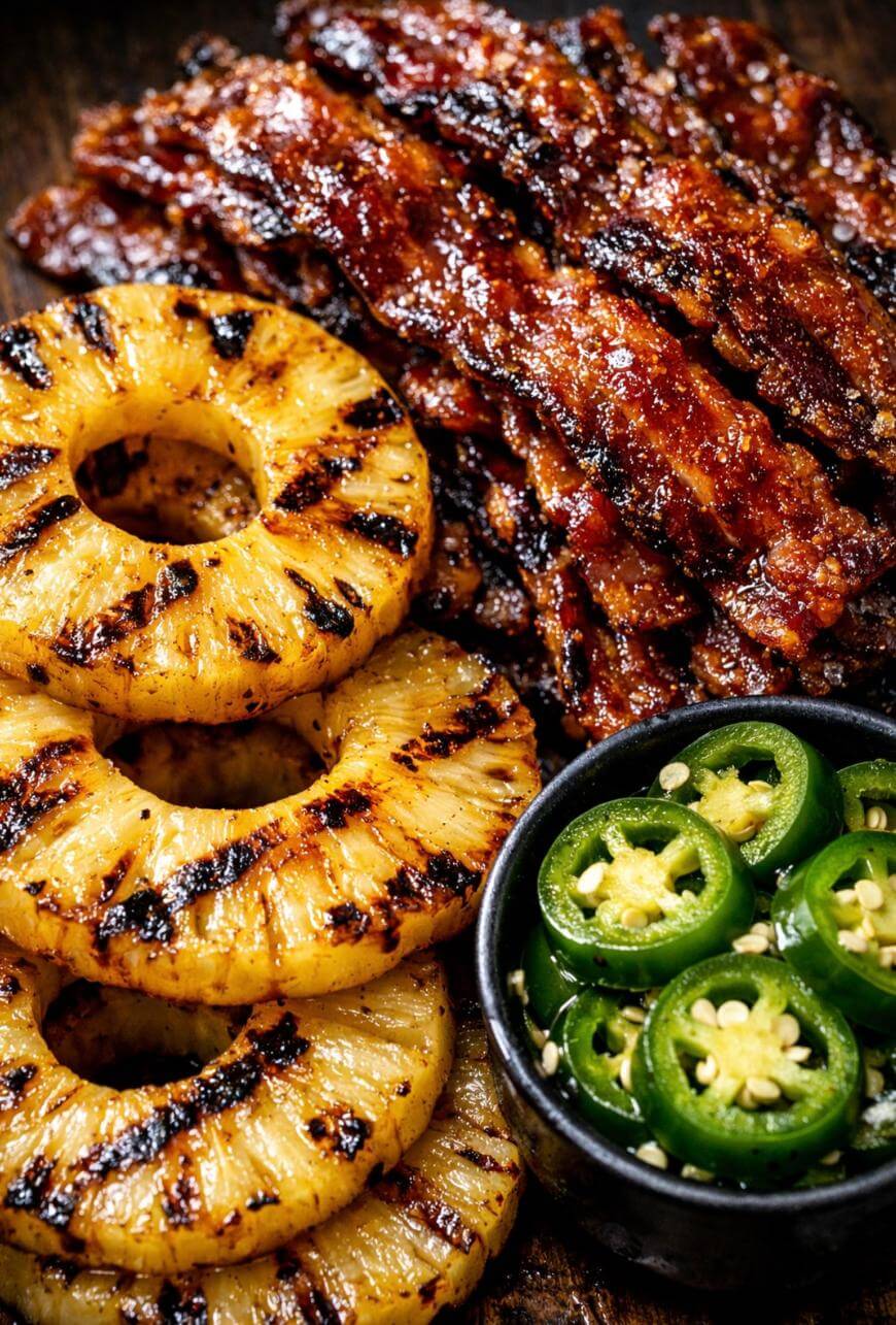 Grilled pineapple rings, glazed grilled bacon slices, and a small bowl of sliced fresh jalapeños arranged on a wooden surface.