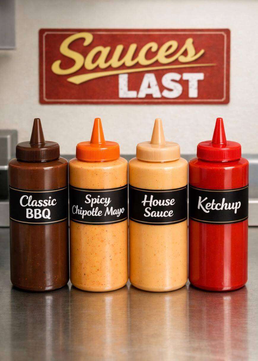 Four squeeze bottles labeled Classic BBQ, Spicy Chipotle Mayo, House Sauce, and Ketchup are lined up on a counter. A sign in the background reads Sauces LAST.