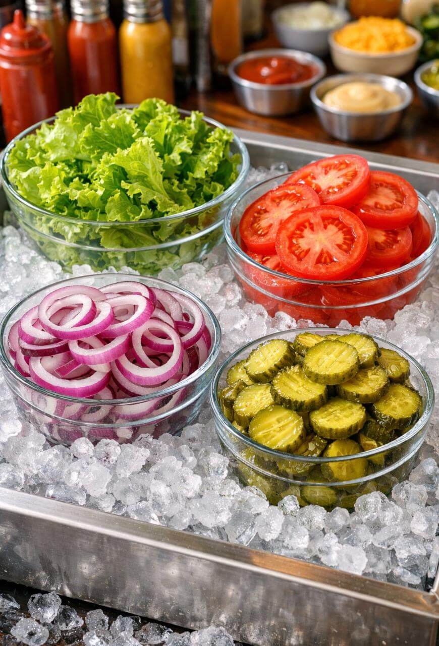 Four glass bowls containing lettuce, sliced tomatoes, sliced red onions, and sliced pickles sit on a bed of ice, with condiments and toppings blurred in the background.