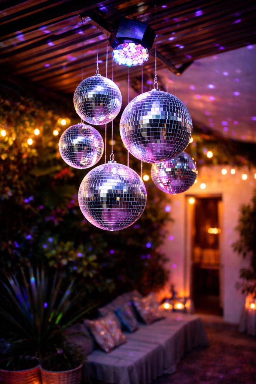 Five disco balls hang from the ceiling, reflecting purple and yellow lights in an outdoor seating area decorated with string lights, plants, and a cushioned bench.